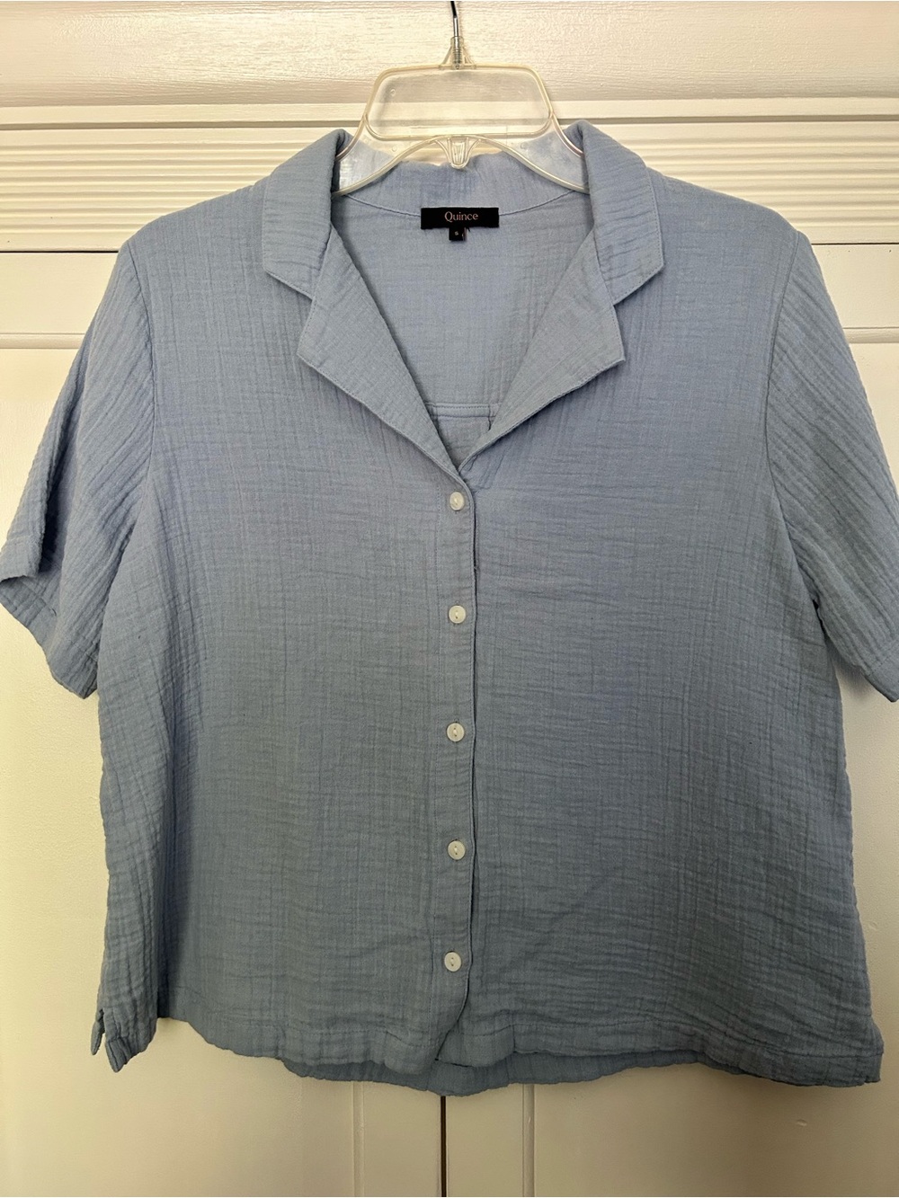 Quince Pale Blue Button-Front Camp Collar Short Sleeve Top 💯 Organic Cotton S